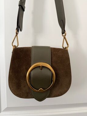 Polo by Ralph Lauren Olive and Brown Suede Shoulder Bag with Gold Ring
